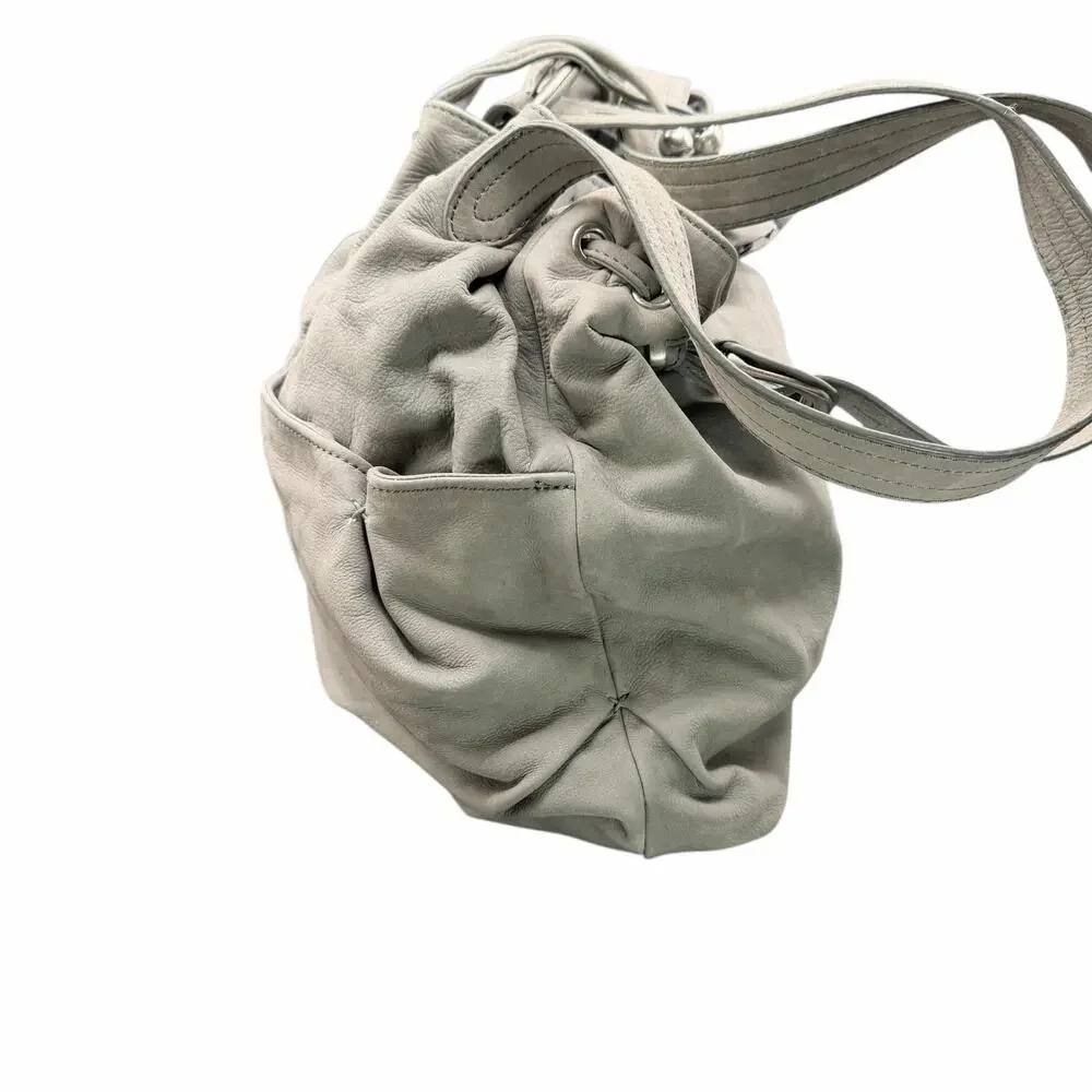 Ann Taylor LOFT Gray Leather Drawstring Shoulder Bag Tassel Slouchy Tote
